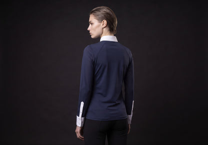 Velmurax women's show shirt in navy, seen from the back on the model, showing the back of the garment