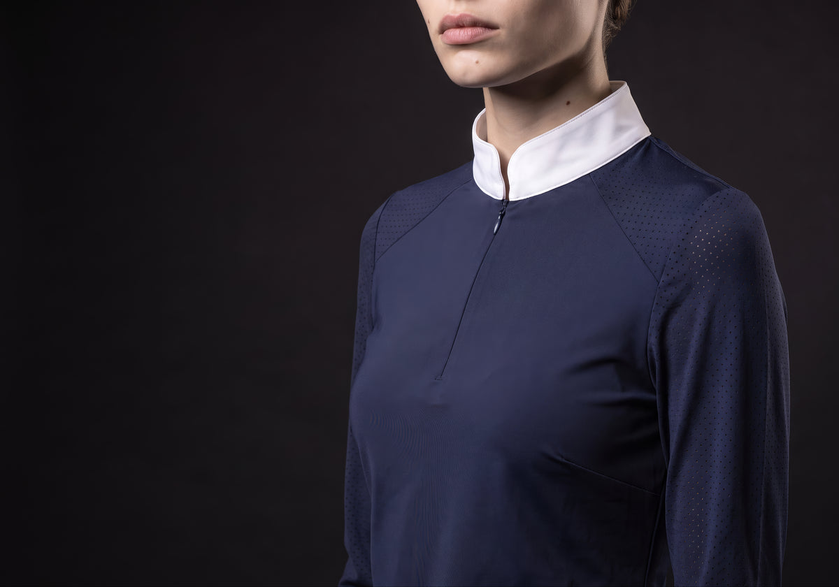 Velmurax women's show shirt in navy, in a close detail shot on the model