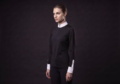 Velmurax women's show shirt in black, in a three-quarter view on the model on the studio set