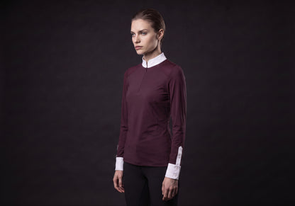 Velmurax women's show shirt in burgundy, in a three-quarter view on the model on the studio set