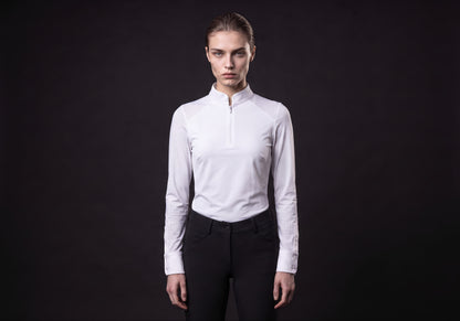 Velmurax women's show shirt in white, worn by the model in a front view on the dark studio set
