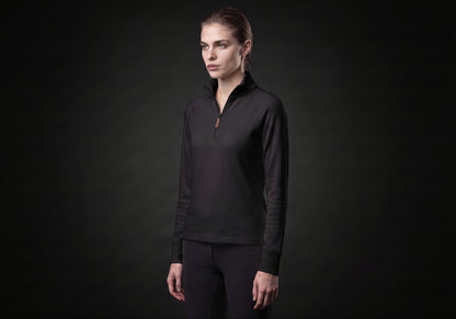 Velmurax women's thermal riding shirt in black, in a three-quarter view on the model on the studio set