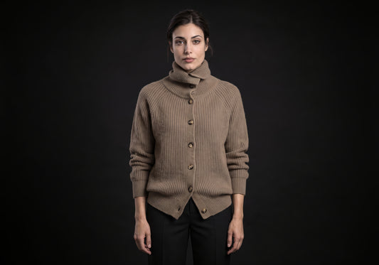 Velmurax wool turtleneck cardigan in taupe with the collar folded over, worn buttoned over black tailored trousers