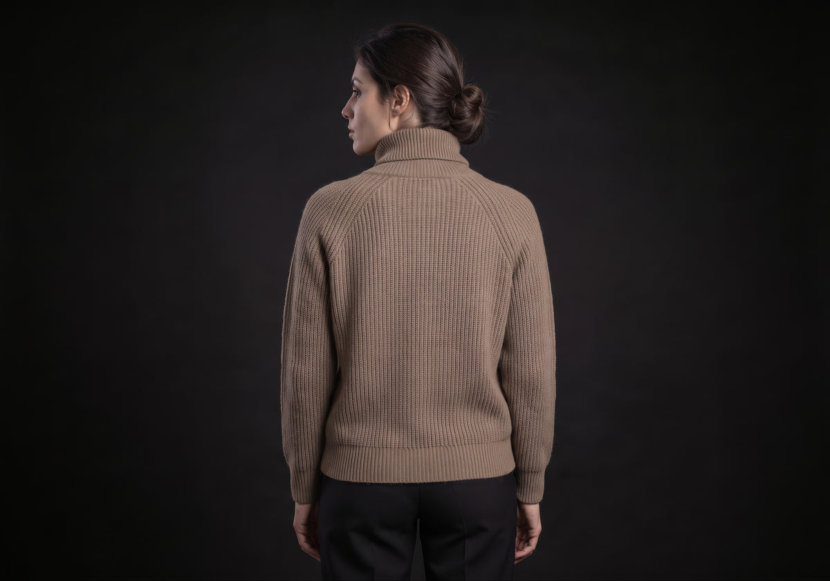 Velmurax wool turtleneck cardigan in taupe seen from the back, showing the raglan seams and the tall collar